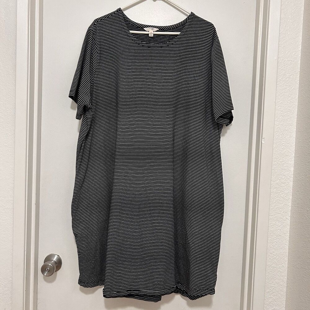 Terra & Sky Stripped Short Sleeve T-Shirt Dress Pocket Black White 3X Loungewear